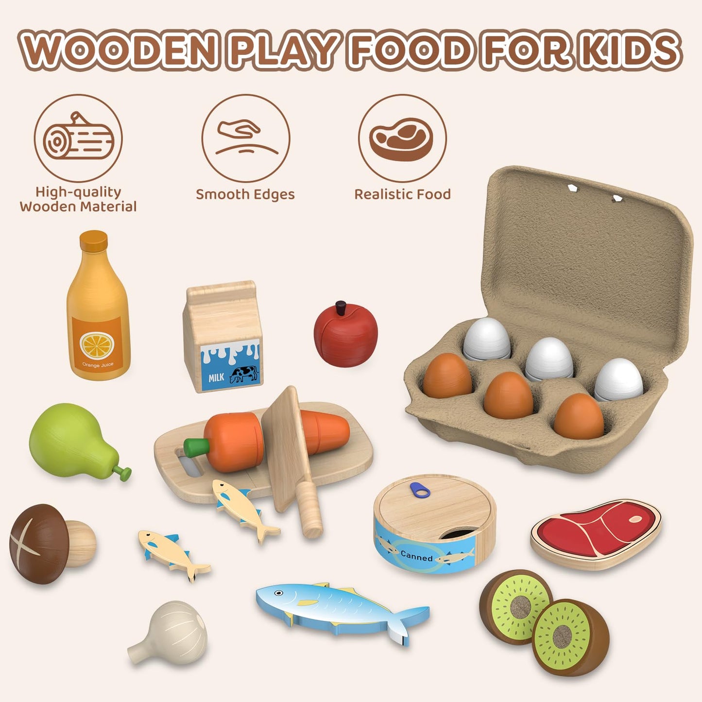 JOYSINTOY Wooden Play Food Toys for Kids – Pretend Kitchen Set for Toddlers 3+