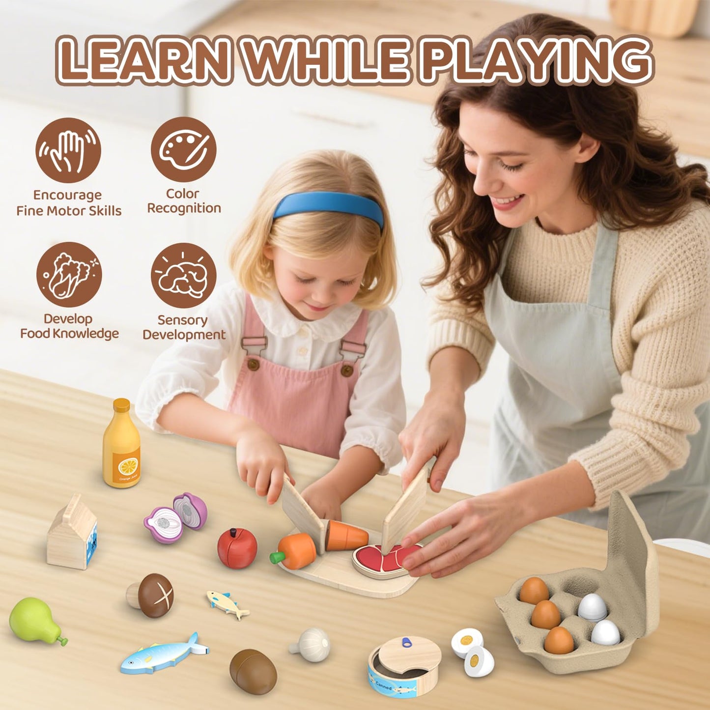 JOYSINTOY Wooden Play Food Toys for Kids – Pretend Kitchen Set for Toddlers 3+