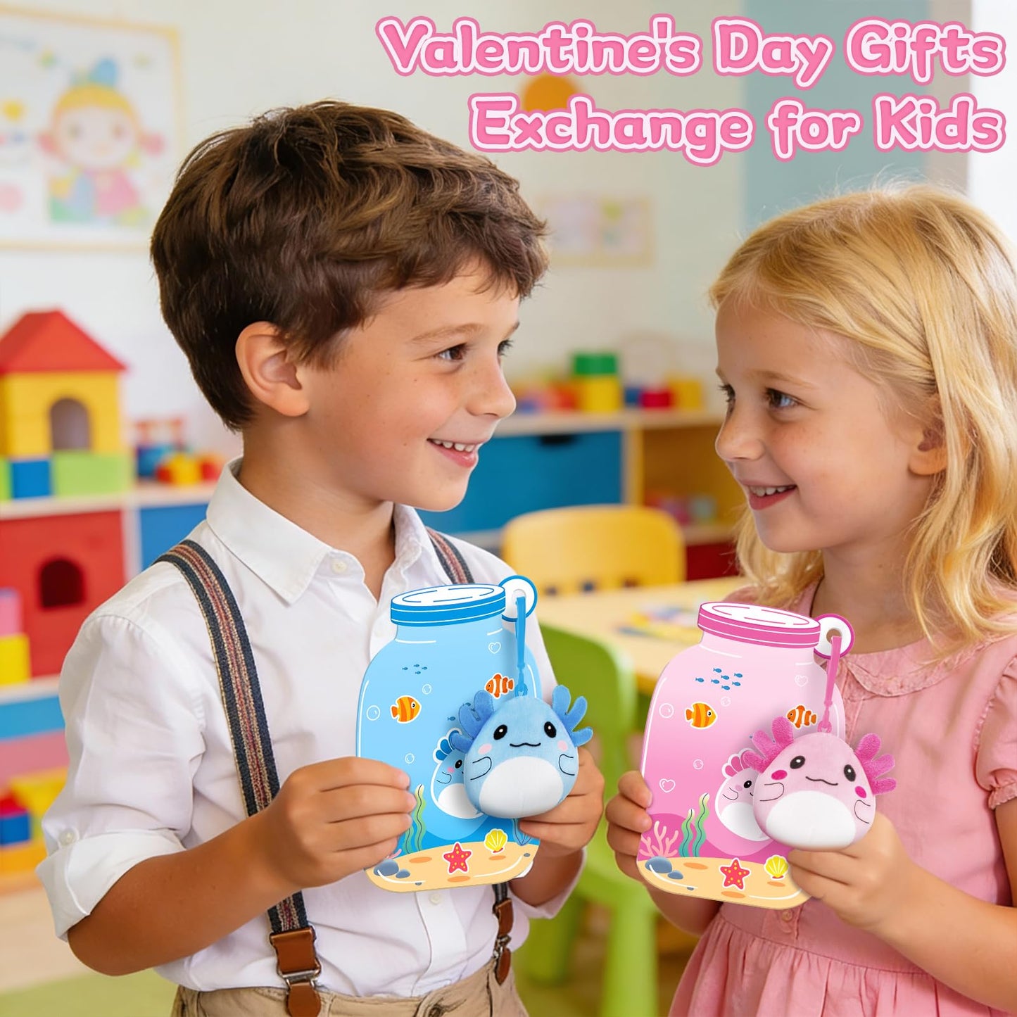 JoySpark Toys Valentines Day Axolotl Plush Keychains – 24-Pack Classroom Gifts