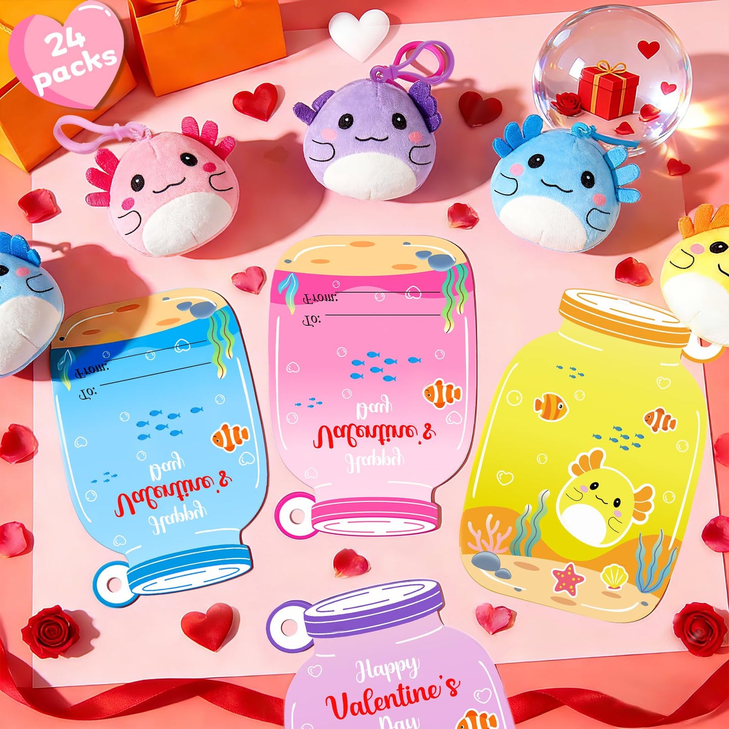 JoySpark Toys Valentines Day Axolotl Plush Keychains – 24-Pack Classroom Gifts