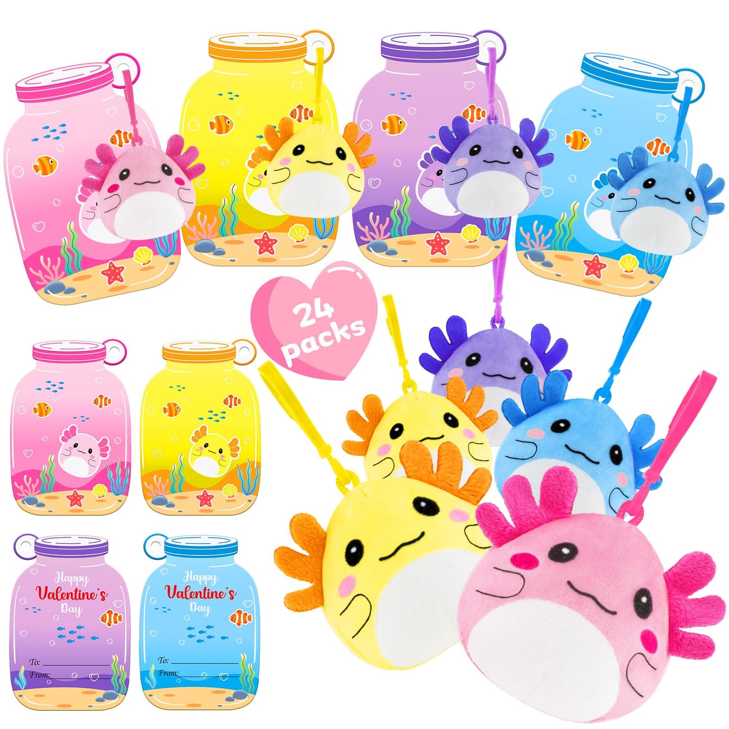 JoySpark Toys Valentines Day Axolotl Plush Keychains – 24-Pack Classroom Gifts