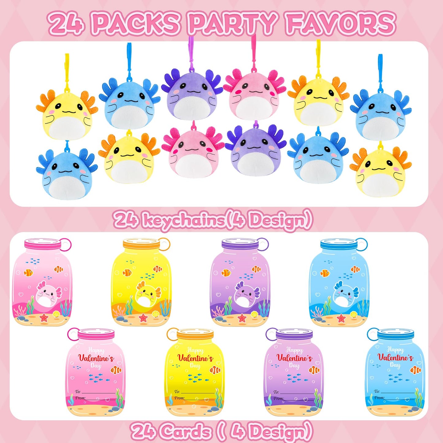 JoySpark Toys Valentines Day Axolotl Plush Keychains – 24-Pack Classroom Gifts