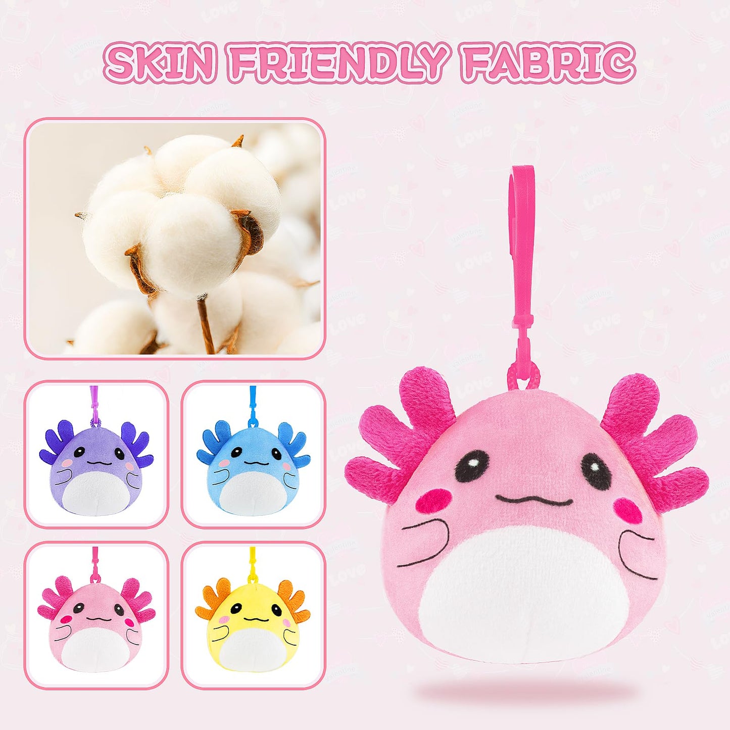 JoySpark Toys Valentines Day Axolotl Plush Keychains – 24-Pack Classroom Gifts