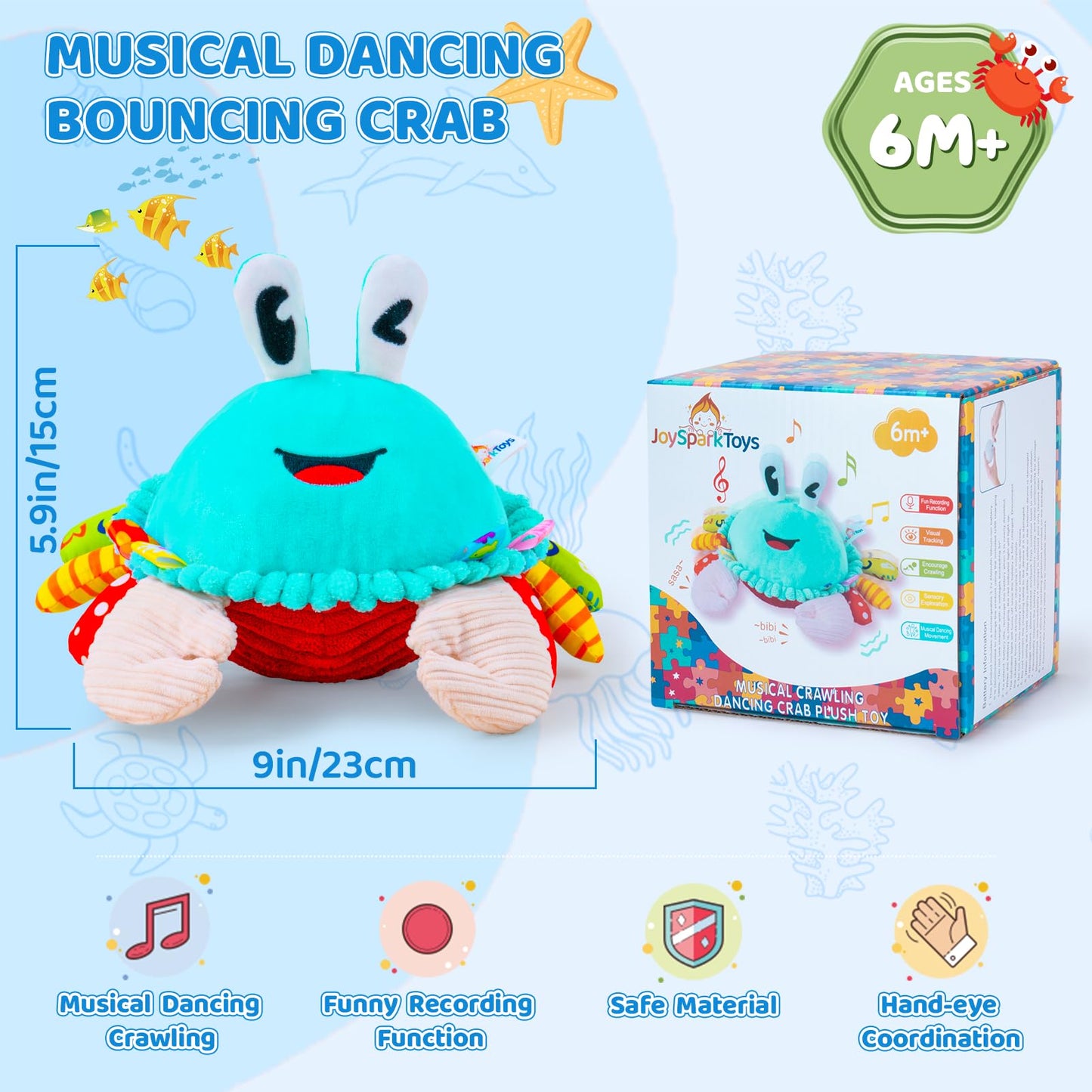 JoySpark Toys Crawling Crab Plush – 50 Songs, Recording & Dancing Toy for 6-18 Months