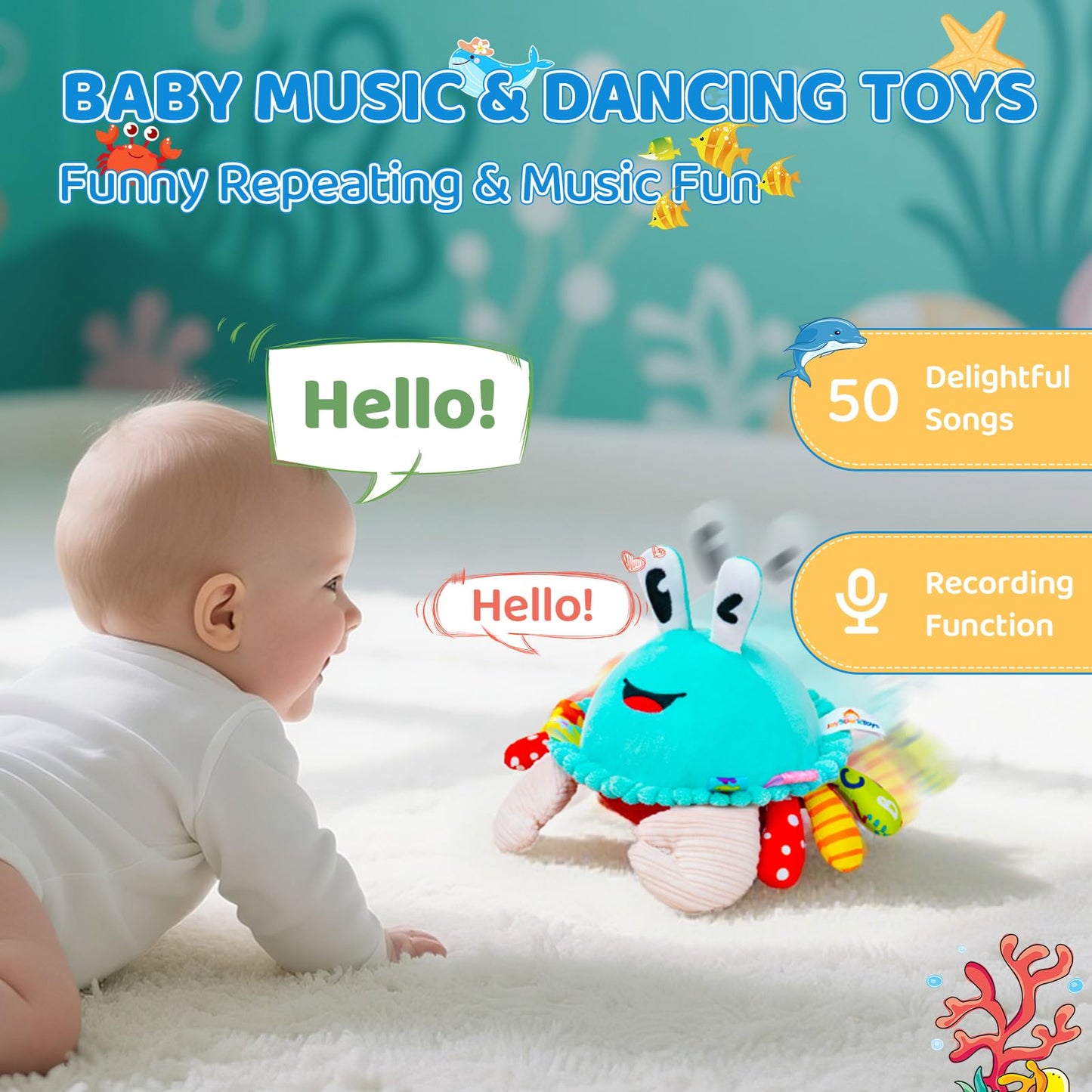 JoySpark Toys Crawling Crab Plush – 50 Songs, Recording & Dancing Toy for 6-18 Months