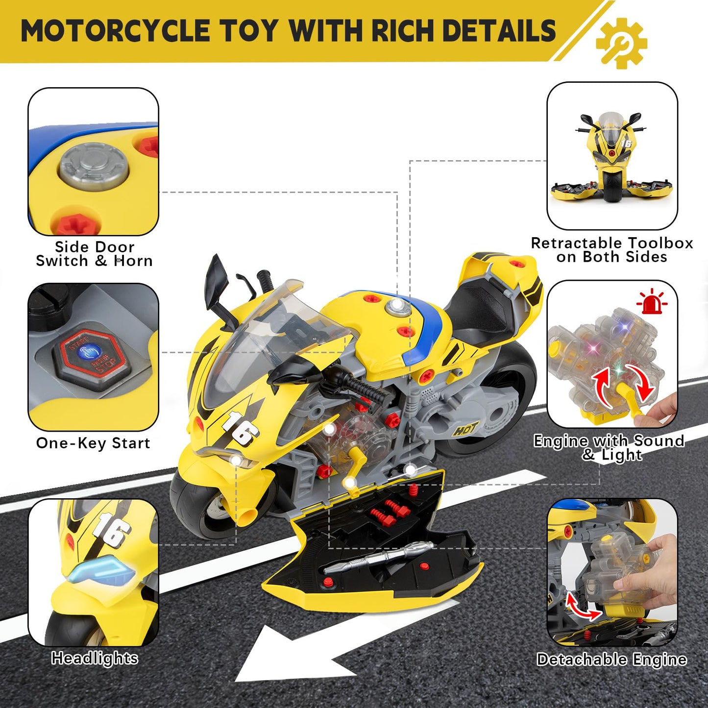 JoySpark Toys Take Apart Motorcycle Kit for Kids 3-7 – Interactive Engine, Lights & Sounds STEM Gift