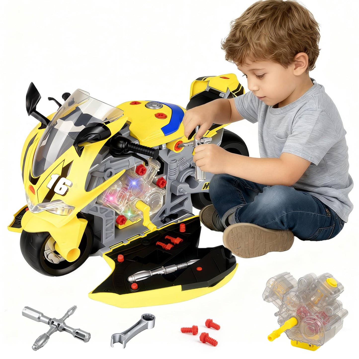 JoySpark Toys Take Apart Motorcycle Kit for Kids 3-7 – Interactive Engine, Lights & Sounds STEM Gift