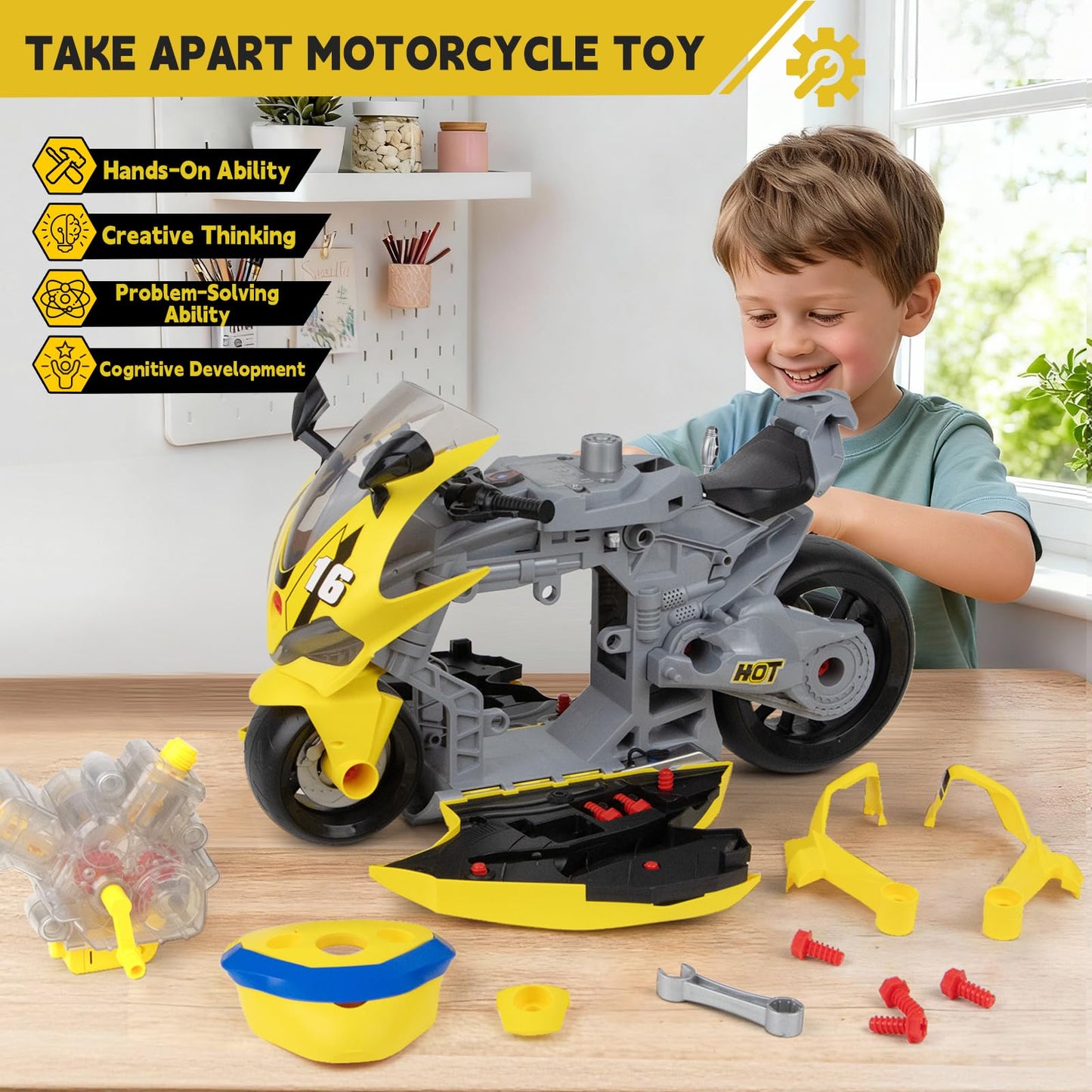 JoySpark Toys Take Apart Motorcycle Kit for Kids 3-7 – Interactive Engine, Lights & Sounds STEM Gift