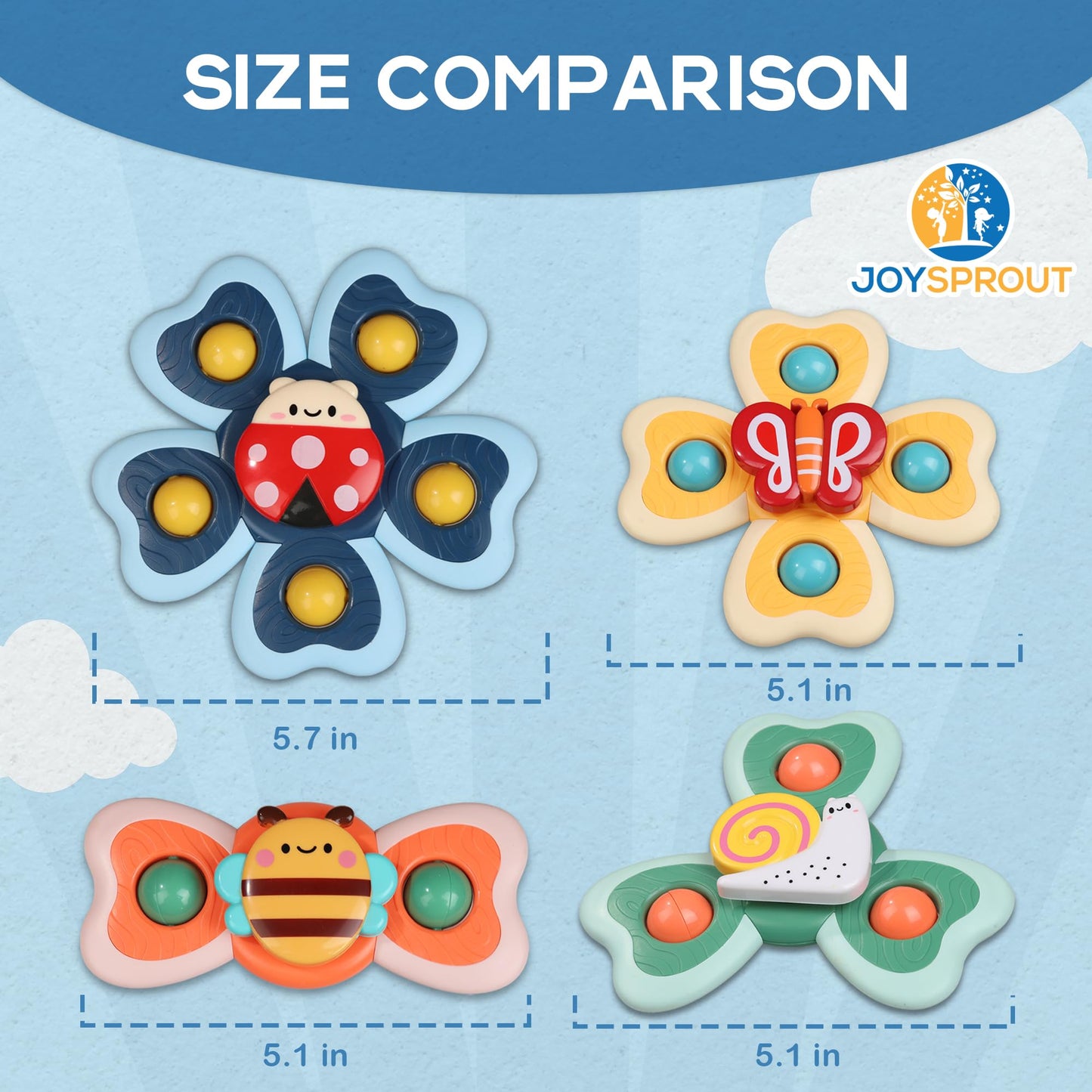 JoySprout 4Pcs Spinning Baby Bath Toys – Suction Cup Silicone Spinners for Babies and Toddlers (12-18 Months)