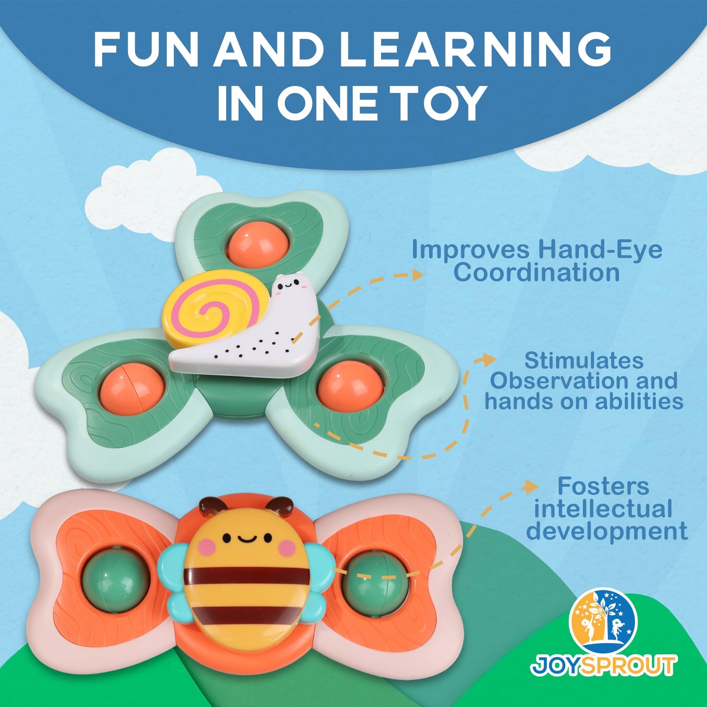 JoySprout 4Pcs Spinning Baby Bath Toys – Suction Cup Silicone Spinners for Babies and Toddlers (12-18 Months)
