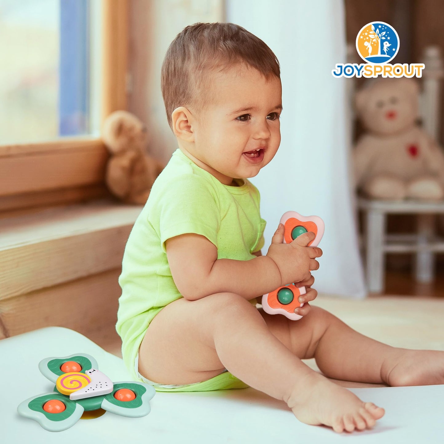 JoySprout 4Pcs Spinning Baby Bath Toys – Suction Cup Silicone Spinners for Babies and Toddlers (12-18 Months)