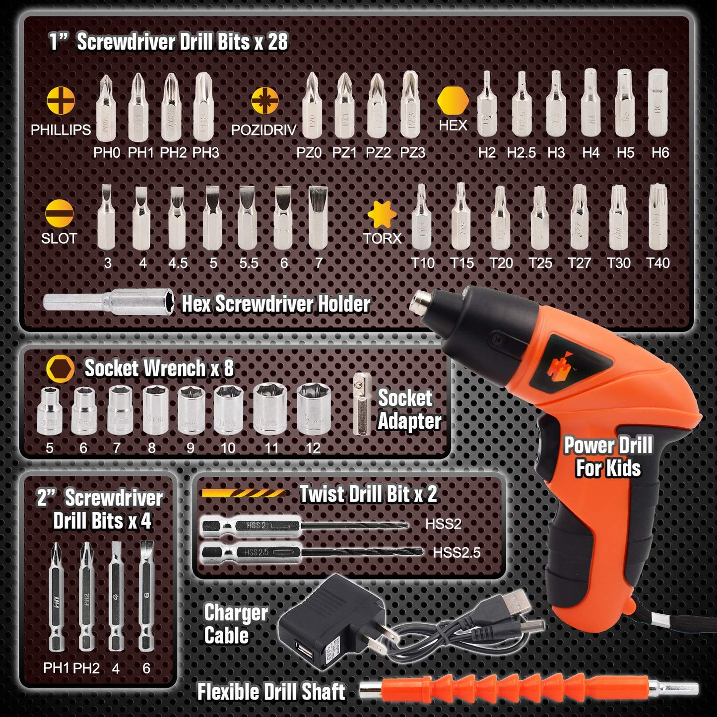 JoyTown Kids Real Power Drill Set – Safe Cordless Tool Kit with Interchangeable Bits and Carrying Case