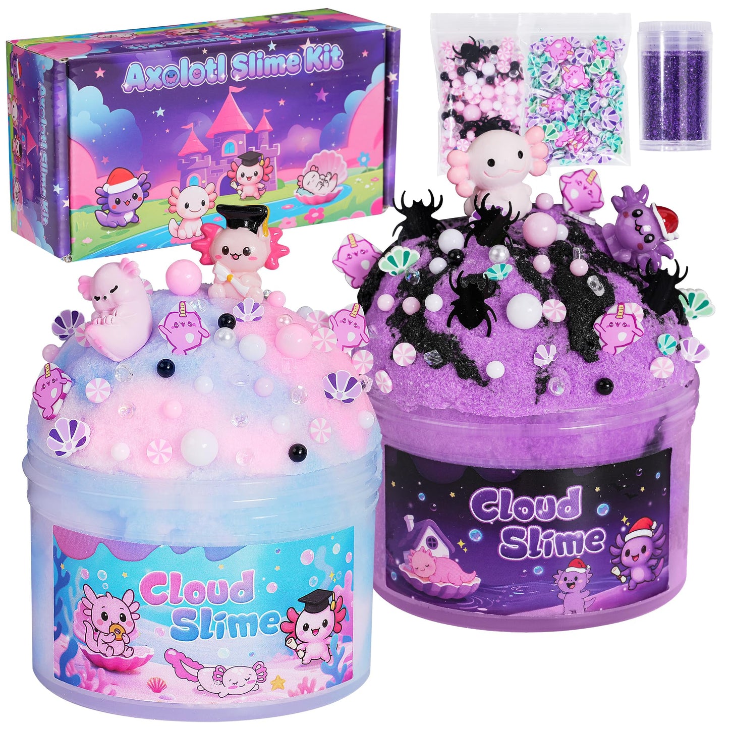 Joytry Axolotl Cloud Slime Kit Two-Pack – 14oz Non-Sticky DIY Slime with Charms & Glitter