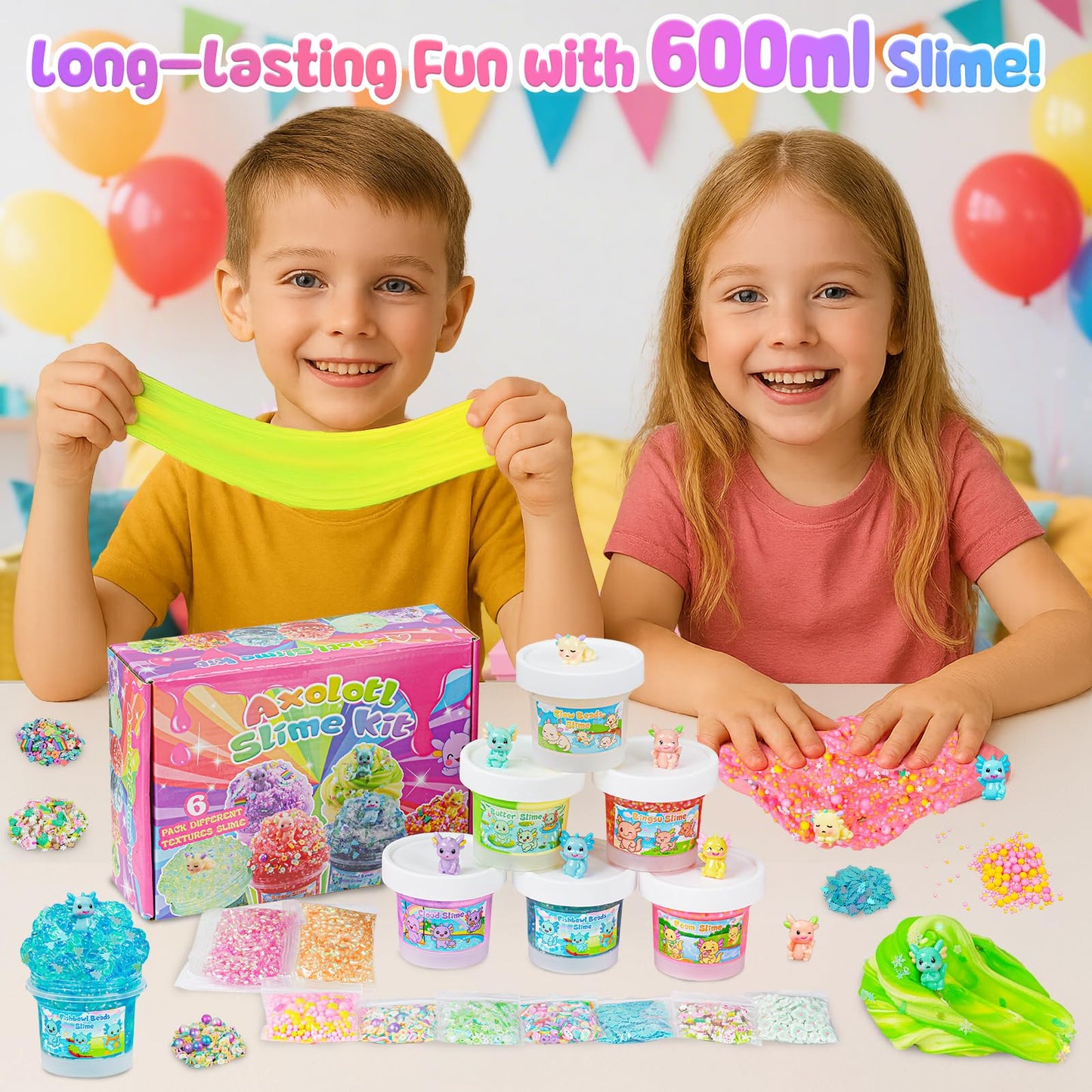 Joytry Axolotl Slime Kit 6×100ml – Glow, Crunchy & Textured Slimes with Axolotl Charms | ASMR Fun & Gift Pack