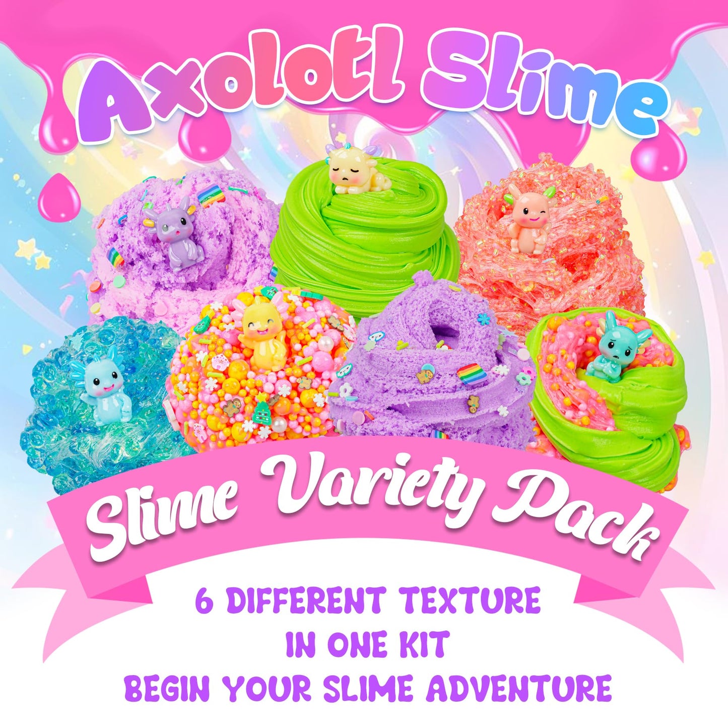 Joytry Axolotl Slime Kit 6×100ml – Glow, Crunchy & Textured Slimes with Axolotl Charms | ASMR Fun & Gift Pack