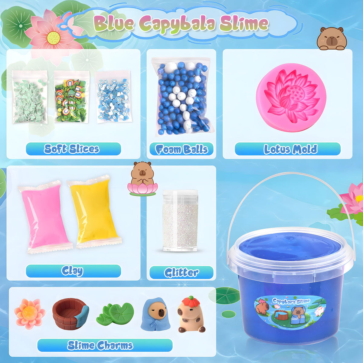 Joytry Capybara Slime Kit 10oz – Big Clear Slime Bucket + 8 Add-ins for Kids