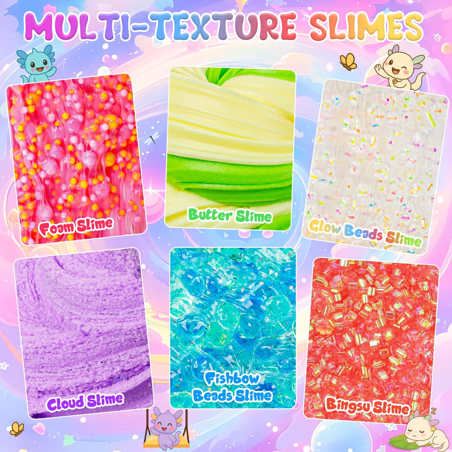 Joytry Axolotl Slime Kit 6×100ml – Glow, Crunchy & Textured Slimes with Axolotl Charms | ASMR Fun & Gift Pack