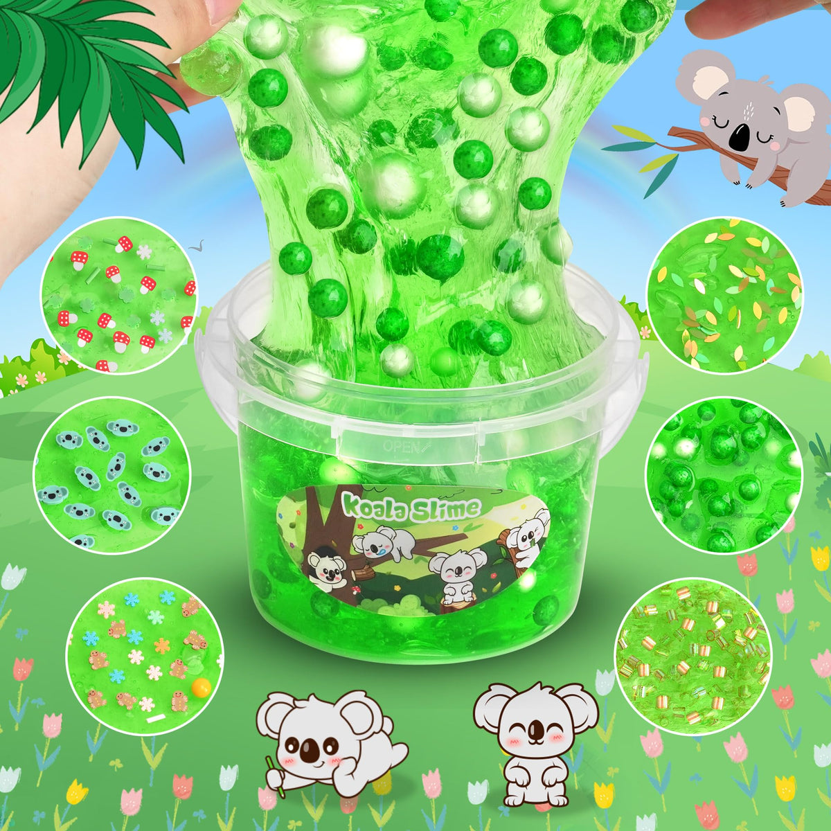 Joytry Koala Slime Kit 10oz – Vibrant Green Clear Slime with Add-ins for Kids 8-12 | Non-Sticky & Stretchy