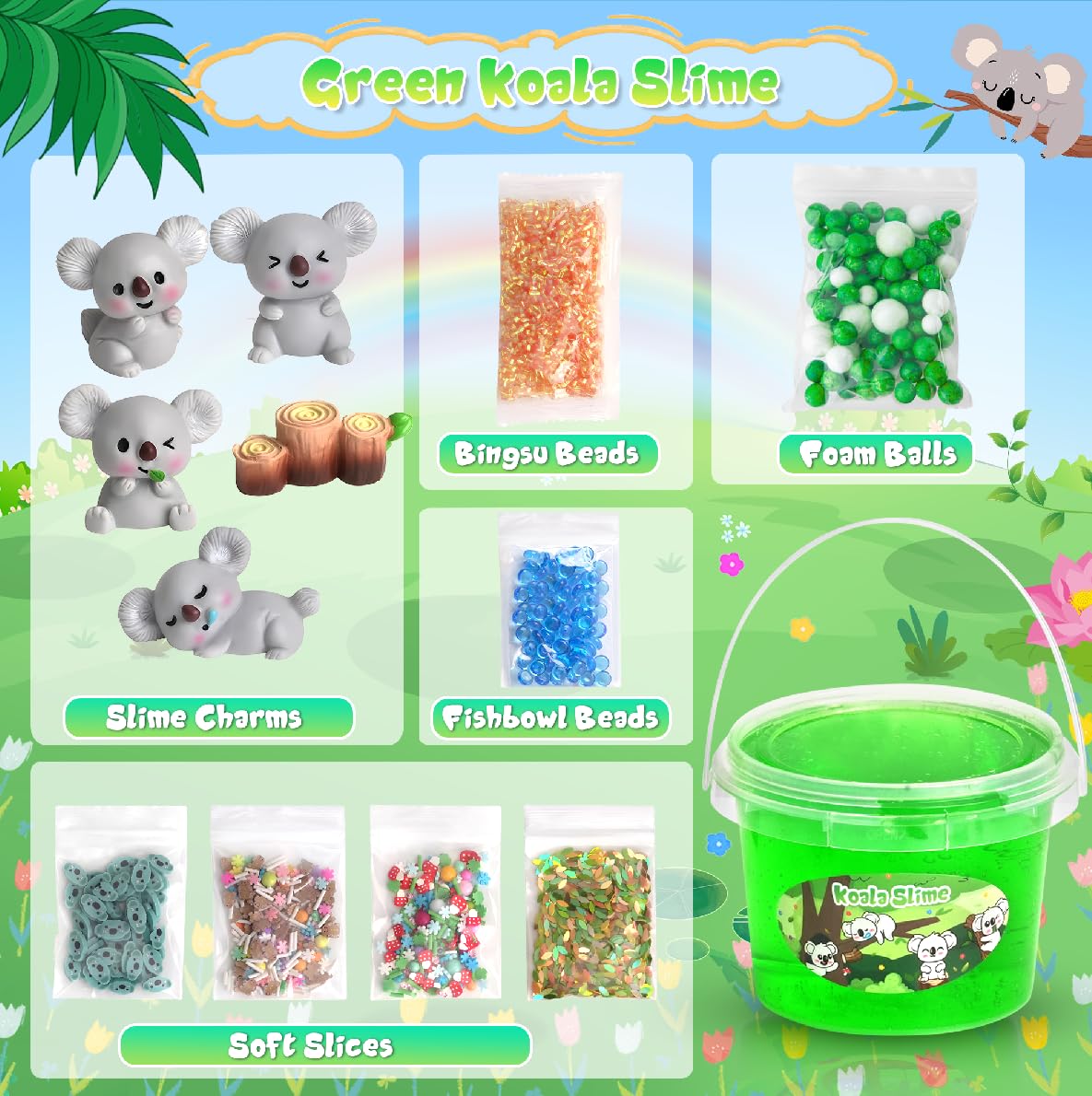 Joytry Koala Slime Kit 10oz – Vibrant Green Clear Slime with Add-ins for Kids 8-12 | Non-Sticky & Stretchy