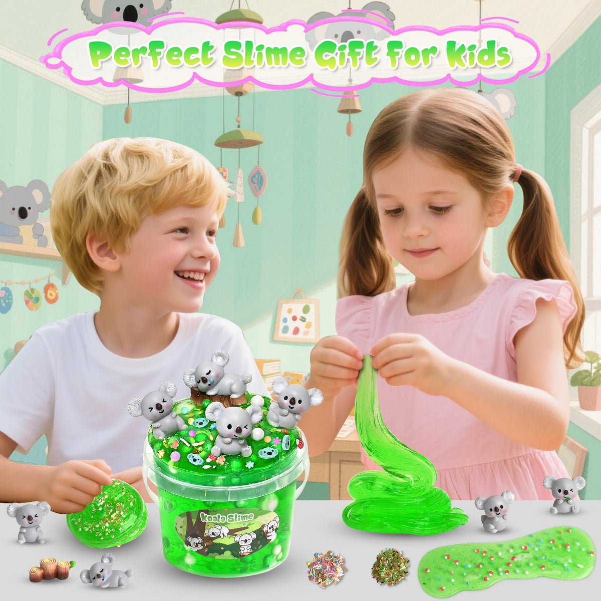 Joytry Koala Slime Kit 10oz – Vibrant Green Clear Slime with Add-ins for Kids 8-12 | Non-Sticky & Stretchy