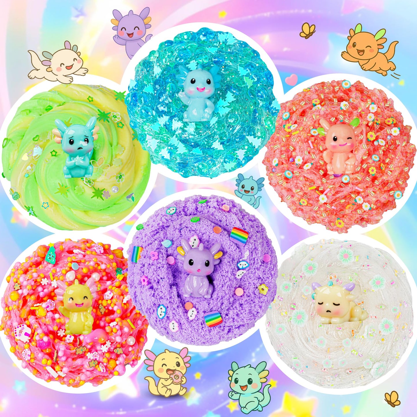 Joytry Axolotl Slime Kit 6×100ml – Glow, Crunchy & Textured Slimes with Axolotl Charms | ASMR Fun & Gift Pack