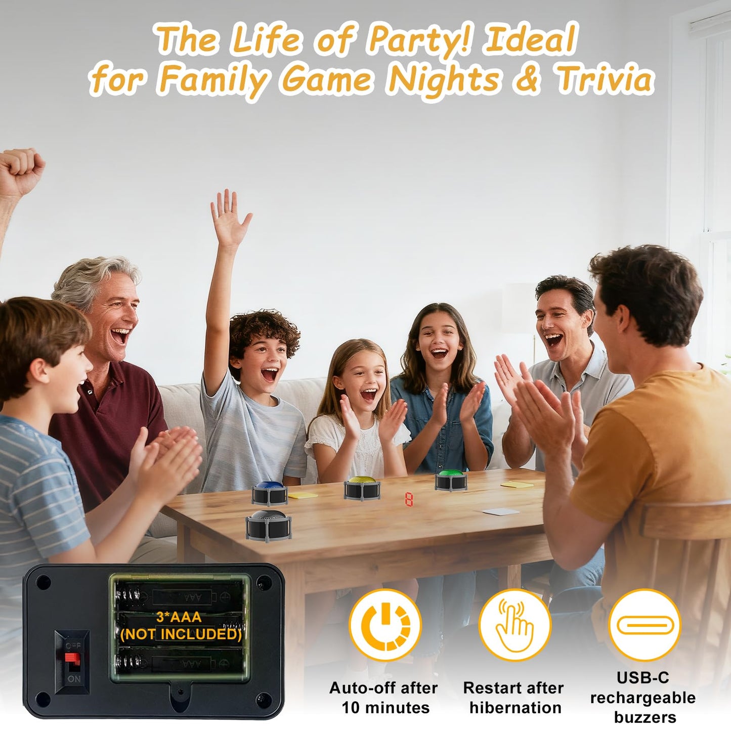 Joyublly Buzzers for Trivia Games - Rechargeable 4-Mode Buzzer System (50m Range)