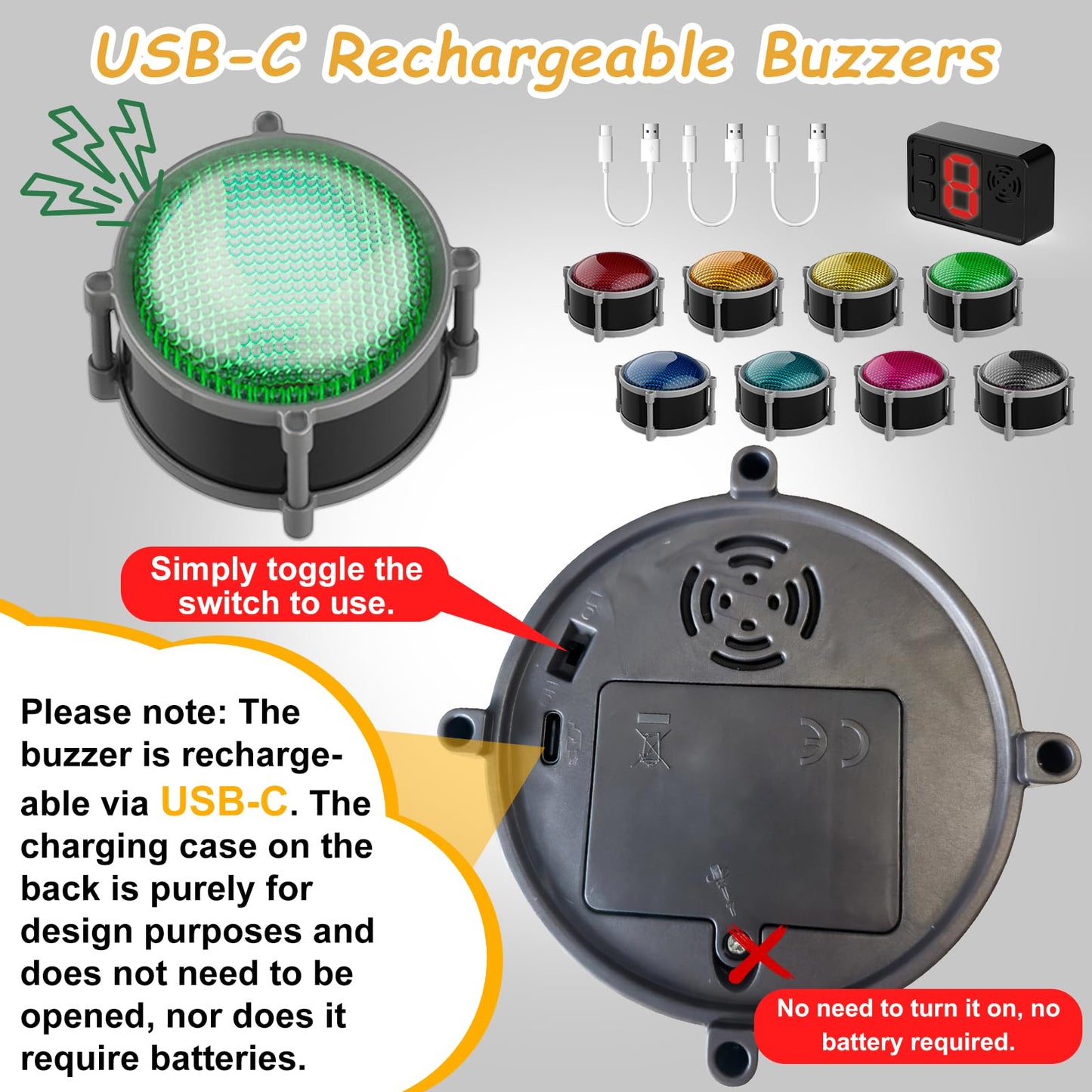 Joyublly Buzzers for Trivia Games - Rechargeable 4-Mode Buzzer System (50m Range)