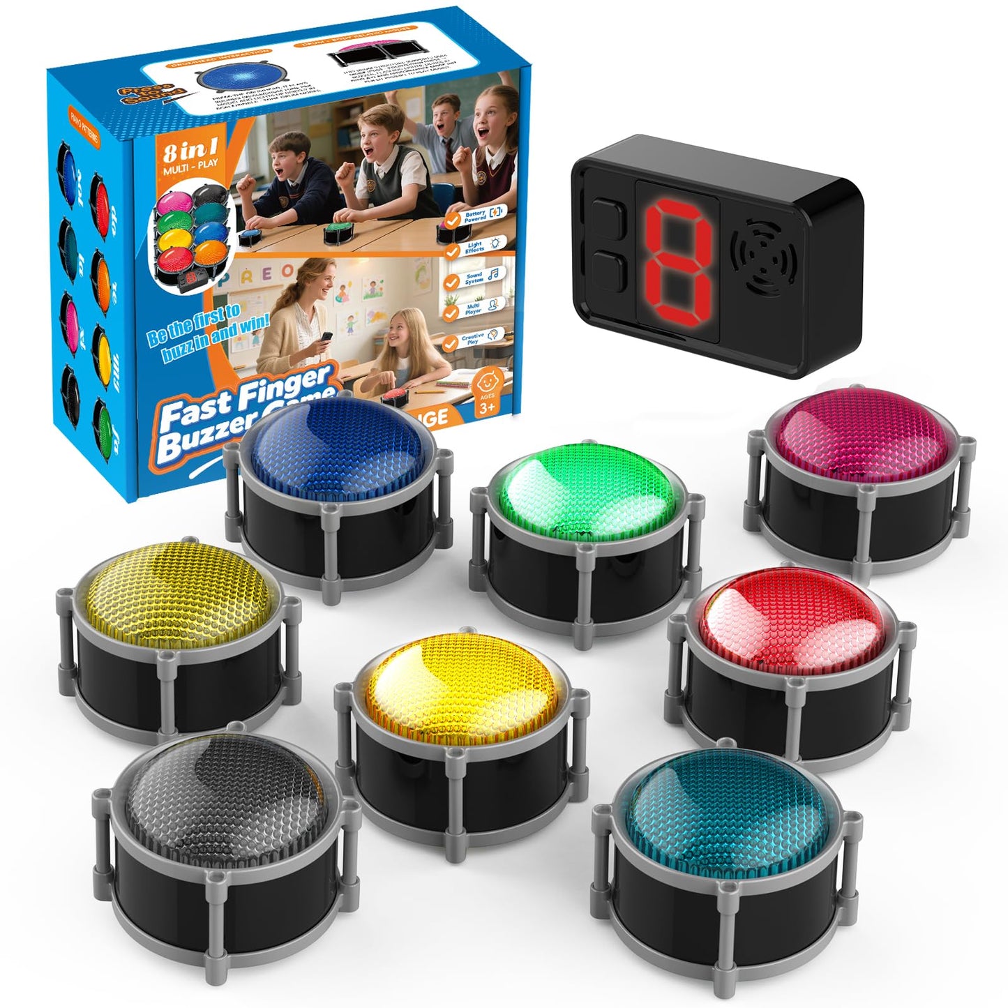Joyublly Buzzers for Trivia Games - Rechargeable 4-Mode Buzzer System (50m Range)