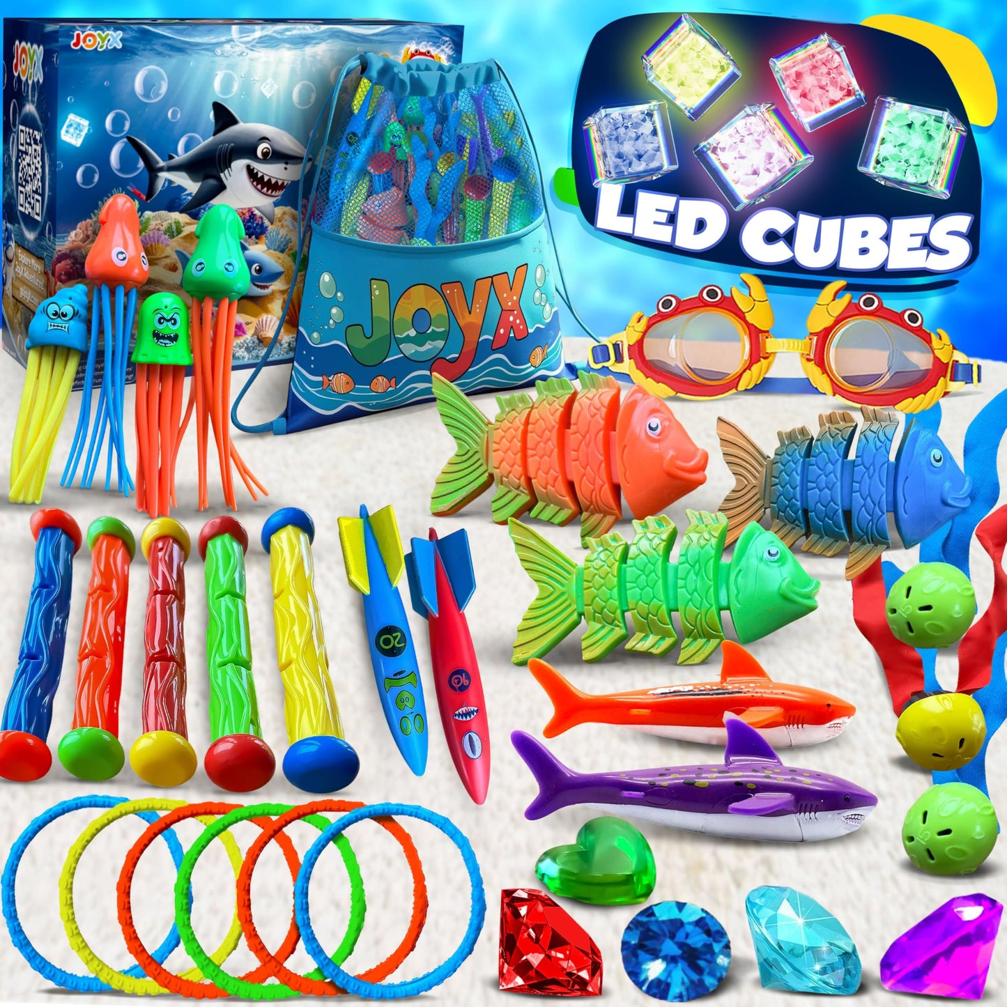 JoyX 35-Piece Diving Pool Toys Set with LED Cubes, Goggles & Dive Aids