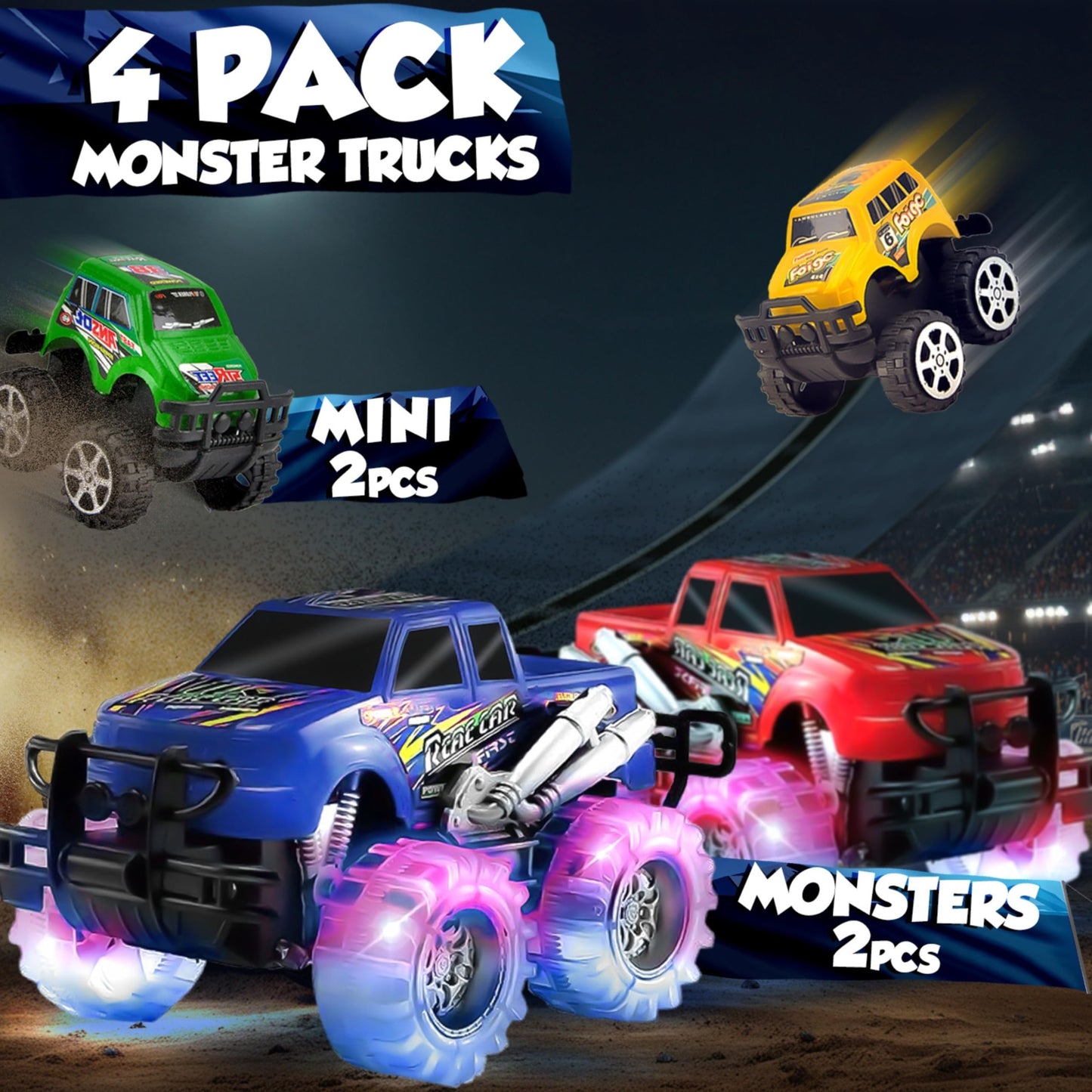 JoyX 4 Pack Light Up Monster Trucks with LED Tires – Push n Go & Pull n Go Racing Toys