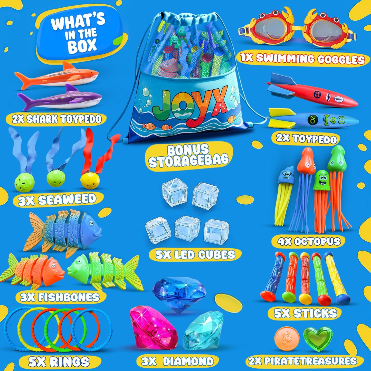 JoyX 35-Piece Diving Pool Toys Set with LED Cubes, Goggles & Dive Aids