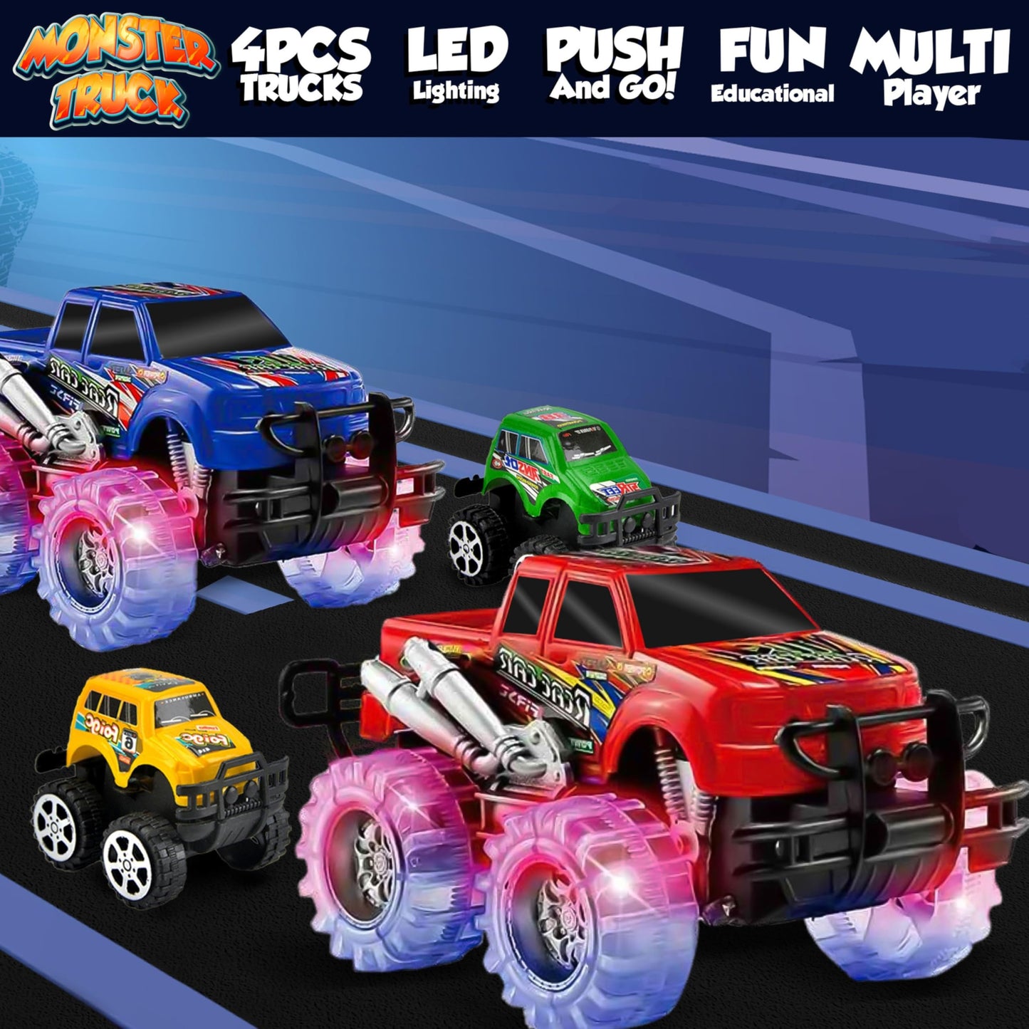 JoyX 4 Pack Light Up Monster Trucks with LED Tires – Push n Go & Pull n Go Racing Toys