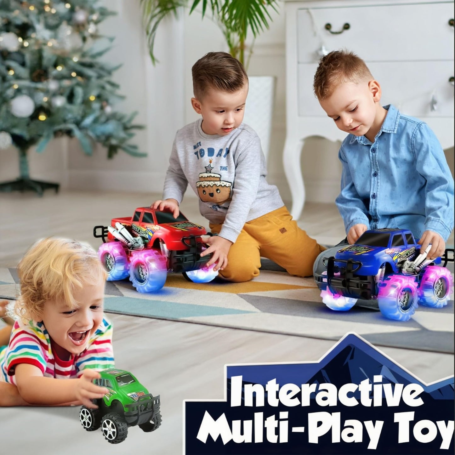 JoyX 4 Pack Light Up Monster Trucks with LED Tires – Push n Go & Pull n Go Racing Toys