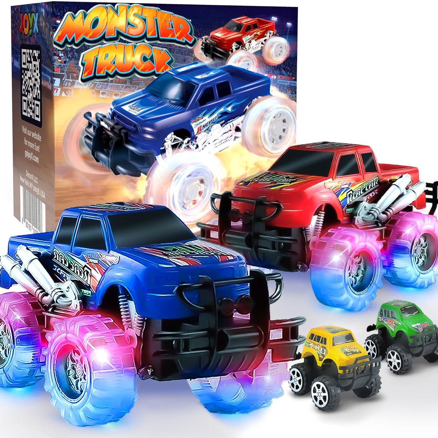 JoyX 4 Pack Light Up Monster Trucks with LED Tires – Push n Go & Pull n Go Racing Toys