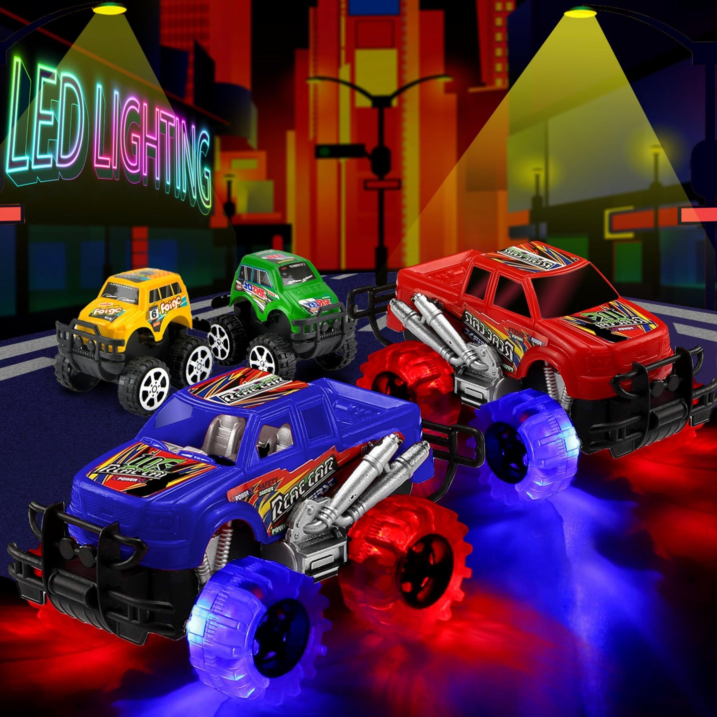 JoyX 4 Pack Light Up Monster Trucks with LED Tires – Push n Go & Pull n Go Racing Toys
