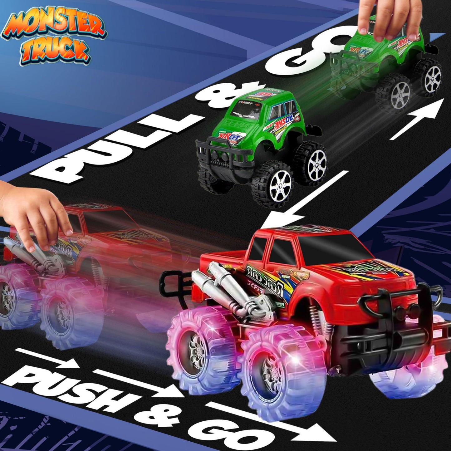 JoyX 4 Pack Light Up Monster Trucks with LED Tires – Push n Go & Pull n Go Racing Toys