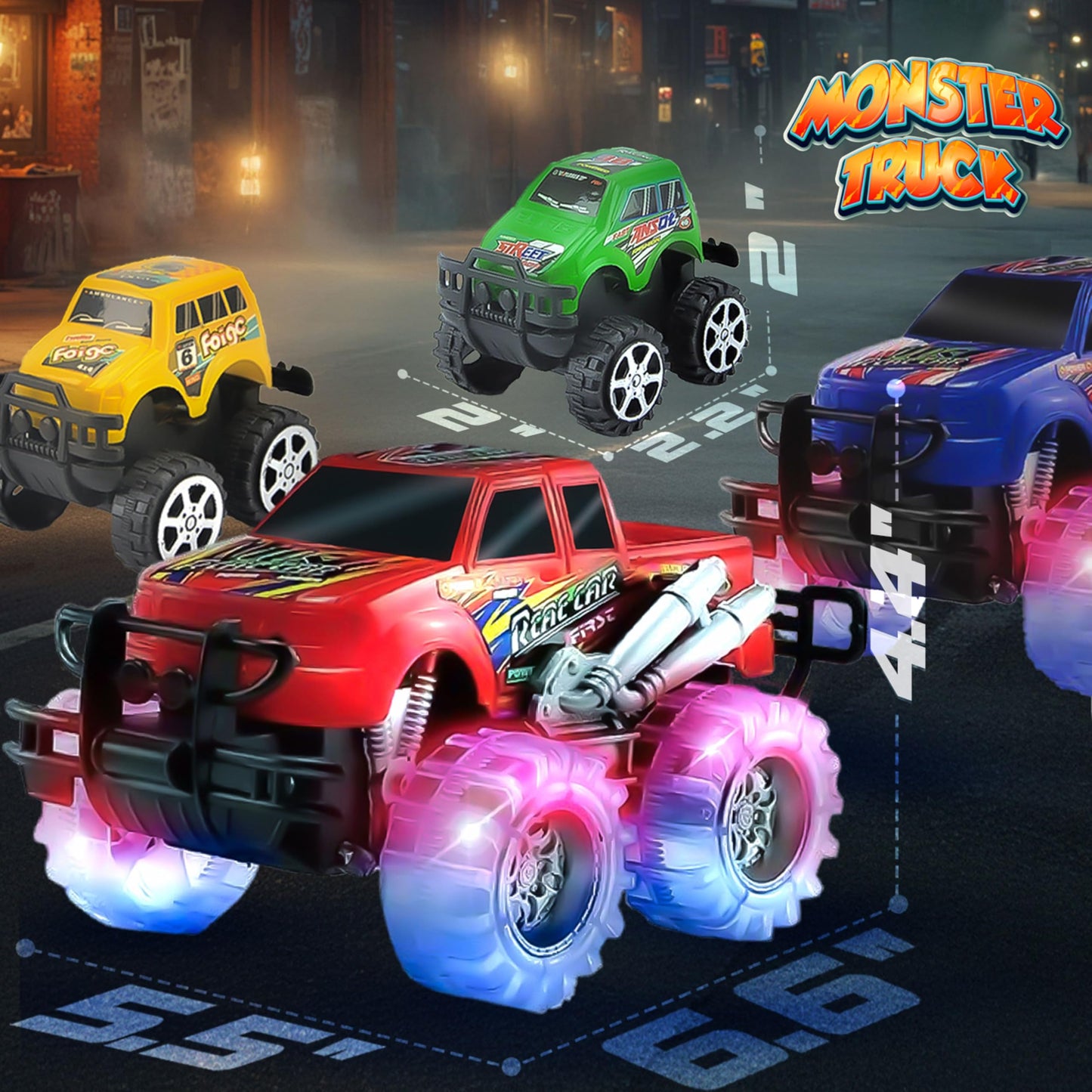 JoyX 4 Pack Light Up Monster Trucks with LED Tires – Push n Go & Pull n Go Racing Toys