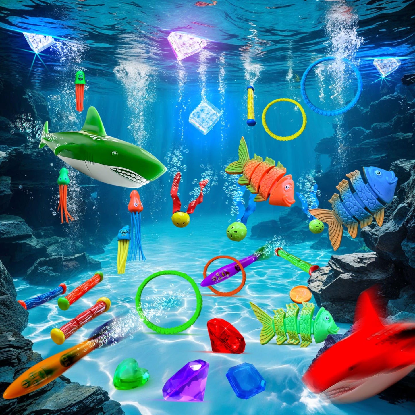 JoyX 35-Piece Diving Pool Toys Set with LED Cubes, Goggles & Dive Aids