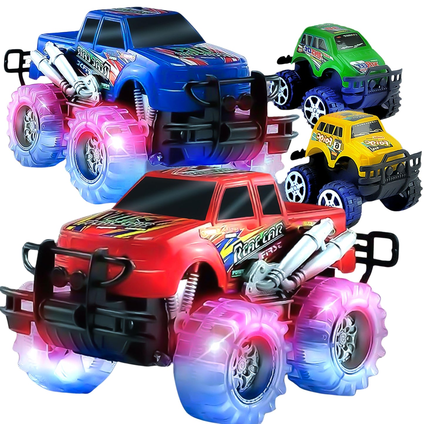 JoyX 4 Pack Light Up Monster Trucks with LED Tires – Push n Go & Pull n Go Racing Toys