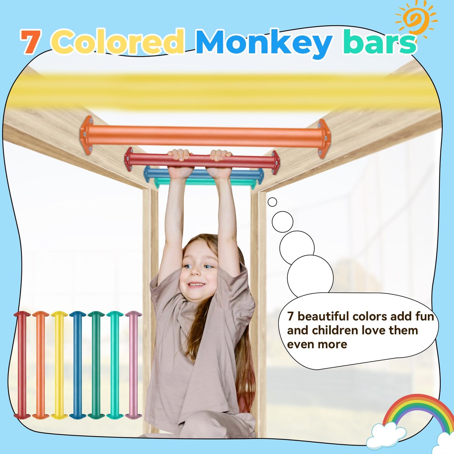 JPOIP 16-Inch 7-Color Steel Monkey Bars Kit – Indoor/Outdoor Playground Rungs