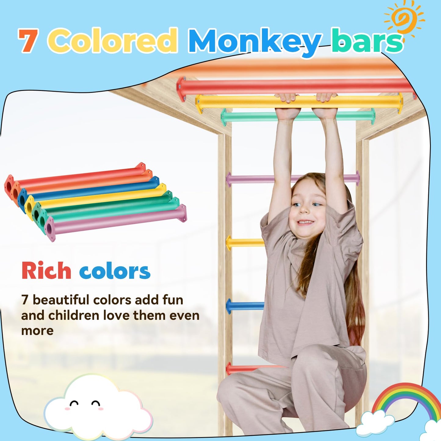 JPOIP 7-Color 22-Inch Steel Monkey Bars Set – Indoor & Outdoor Backyard Playground Kit (7 Pack)