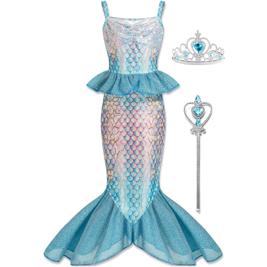 JQGBBOX Blue Mermaid Dress for Girls (7-8Y) – Crown & Scepter Included