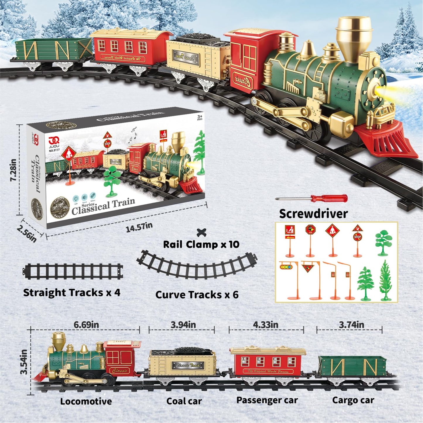 JQ JUQU Electric Train Set for Kids 3-8 – Lights, Sounds, 3 Cars & 10 Tracks