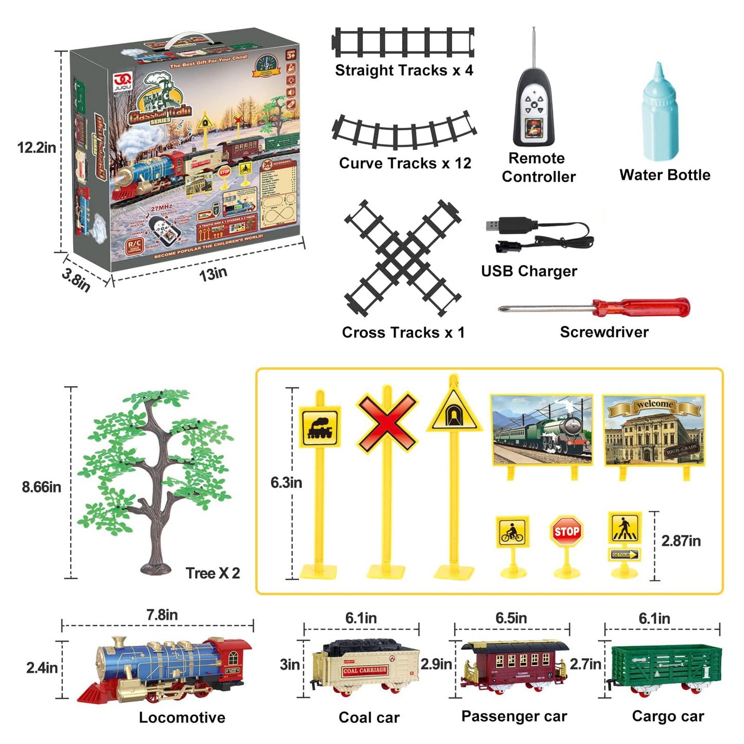 JQ JUQU Remote Control Train Set for Kids 3-8 | 17-Track Indoor Train with Steam, Lights & Sounds