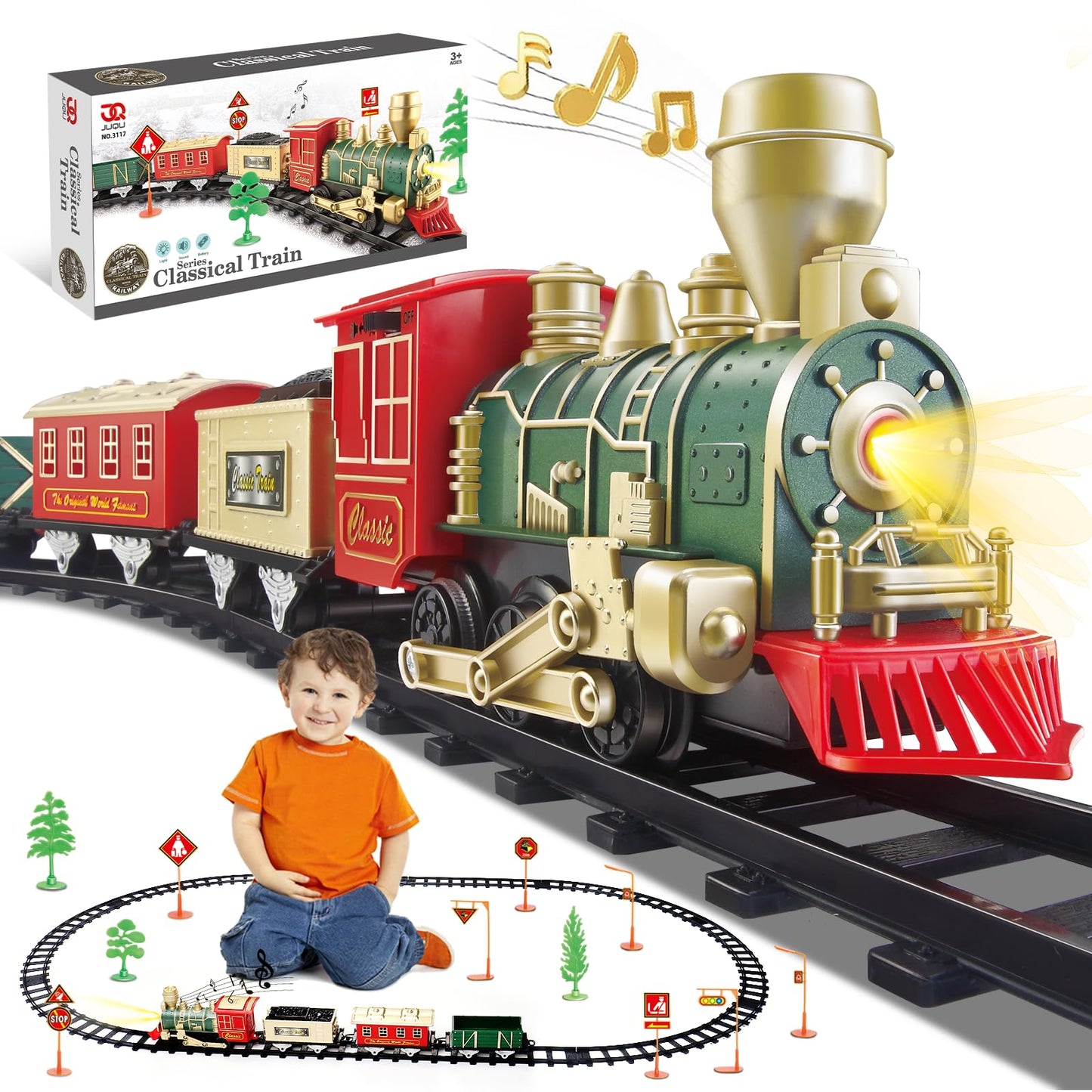 JQ JUQU Electric Train Set for Kids 3-8 – Lights, Sounds, 3 Cars & 10 Tracks