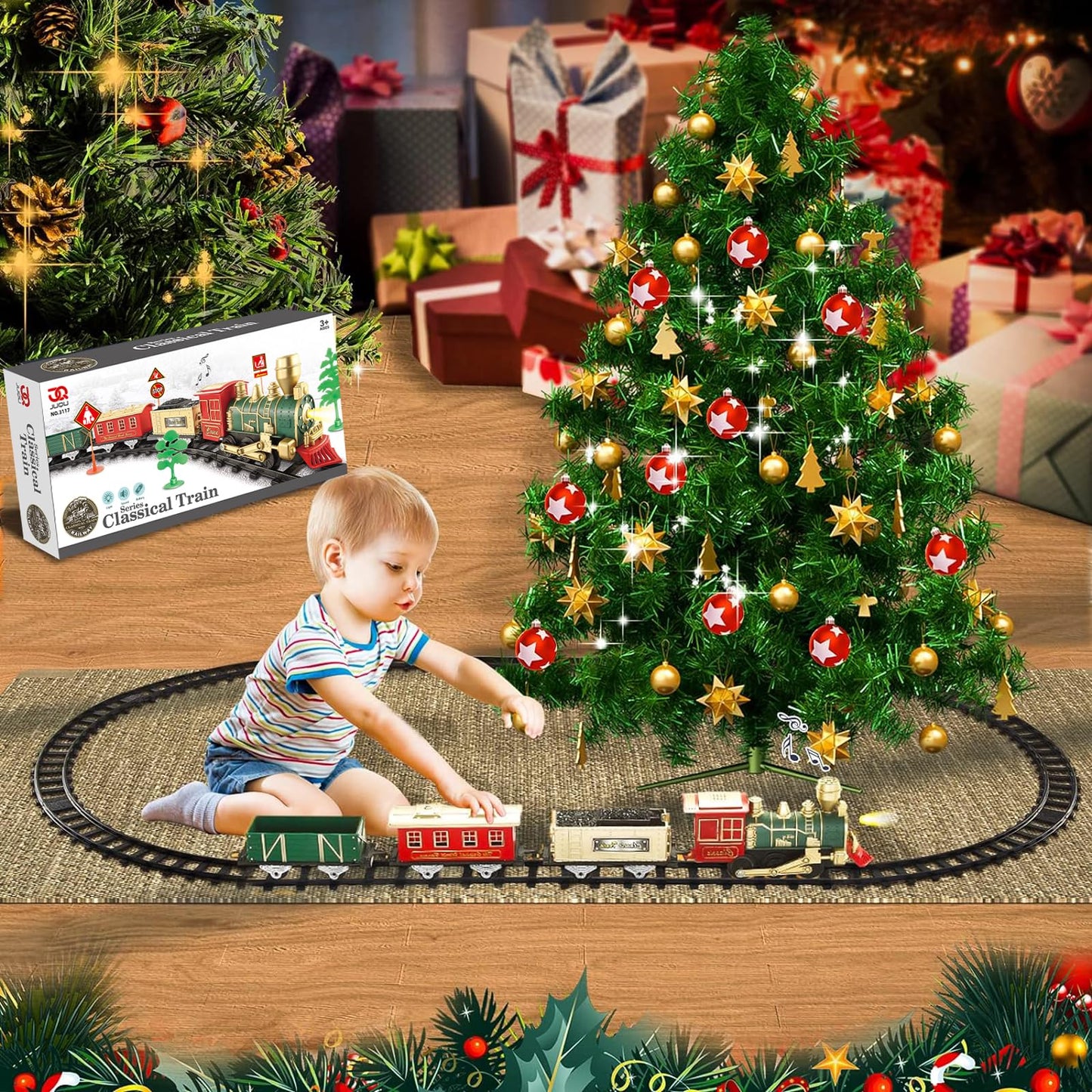 JQ JUQU Electric Train Set for Kids 3-8 – Lights, Sounds, 3 Cars & 10 Tracks