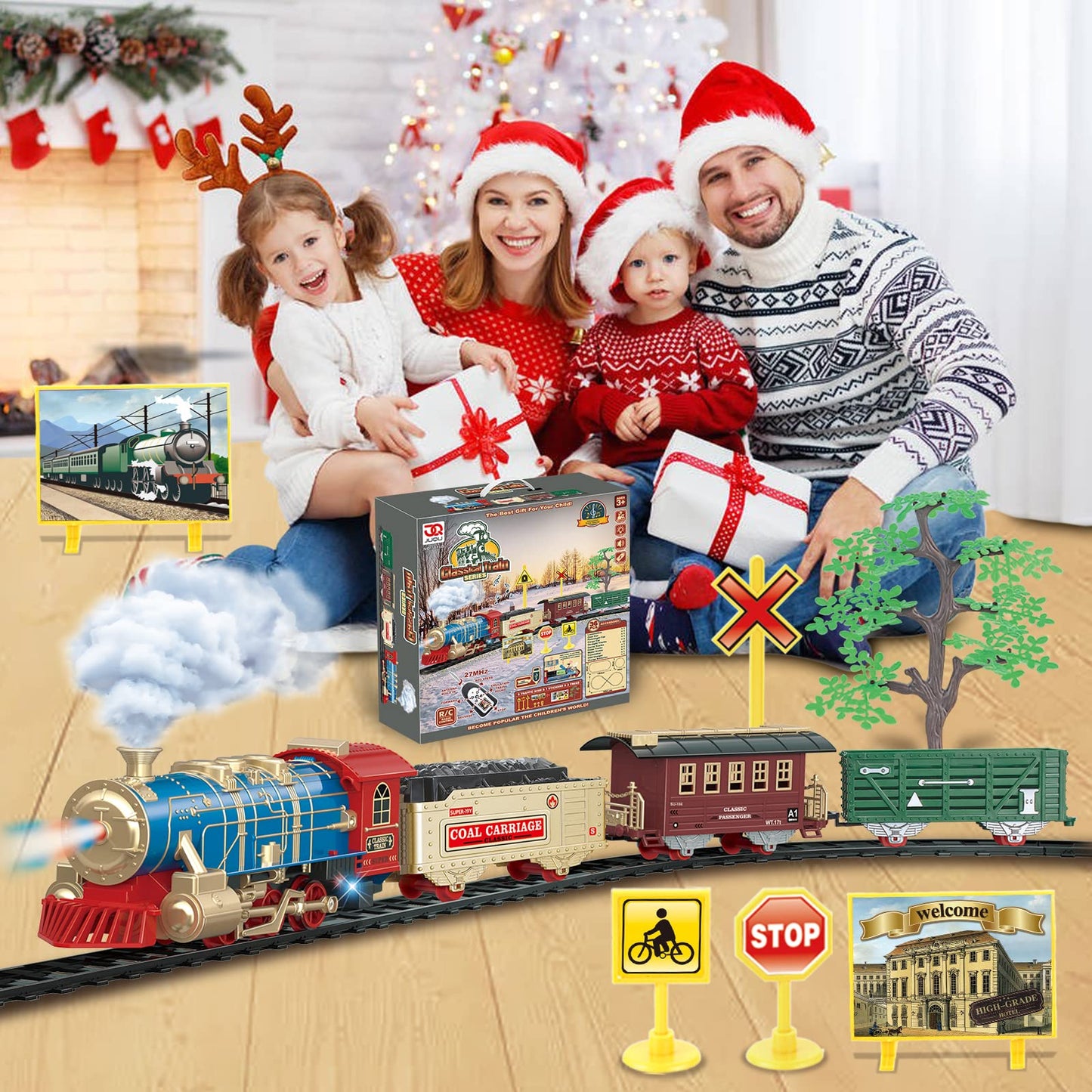 JQ JUQU Remote Control Train Set for Kids 3-8 | 17-Track Indoor Train with Steam, Lights & Sounds