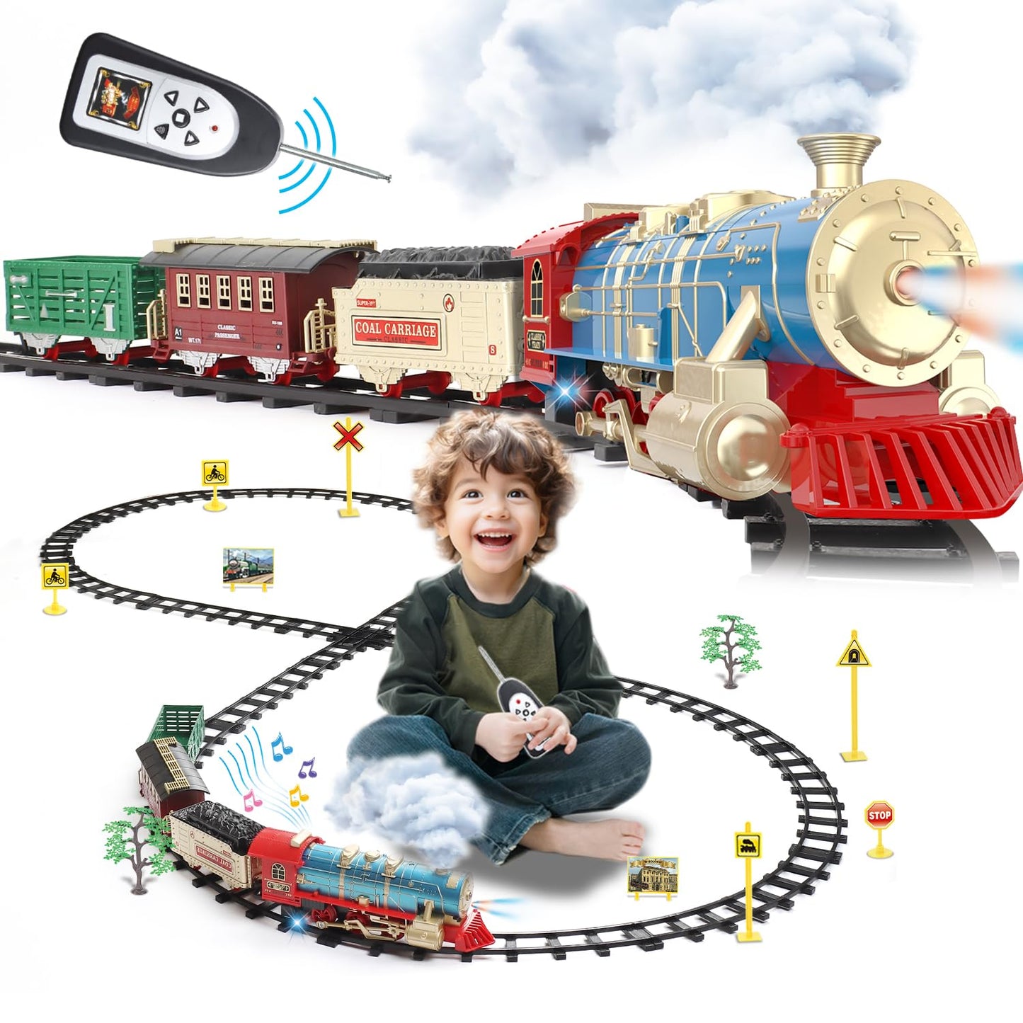 JQ JUQU Remote Control Train Set for Kids 3-8 | 17-Track Indoor Train with Steam, Lights & Sounds