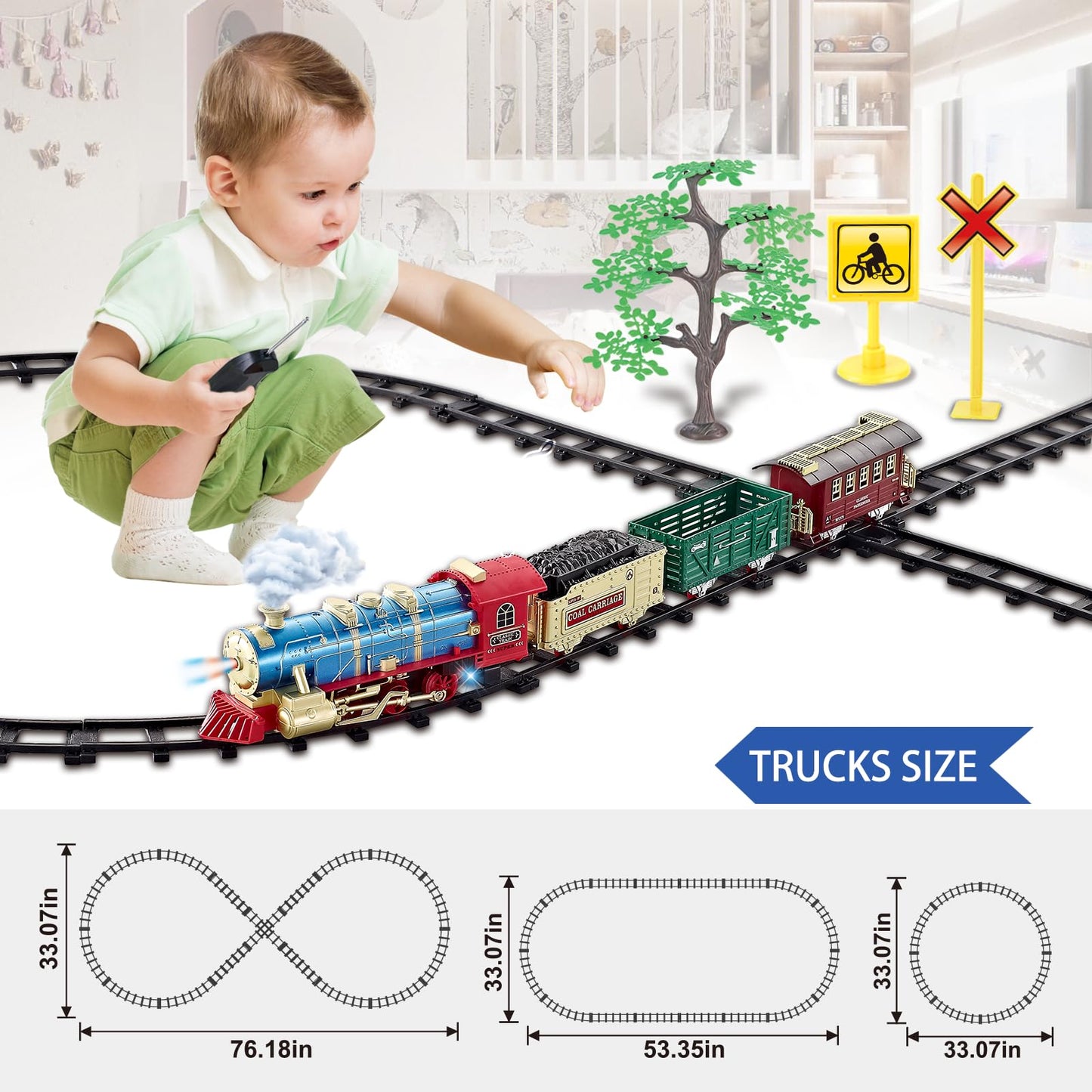 JQ JUQU Remote Control Train Set for Kids 3-8 | 17-Track Indoor Train with Steam, Lights & Sounds