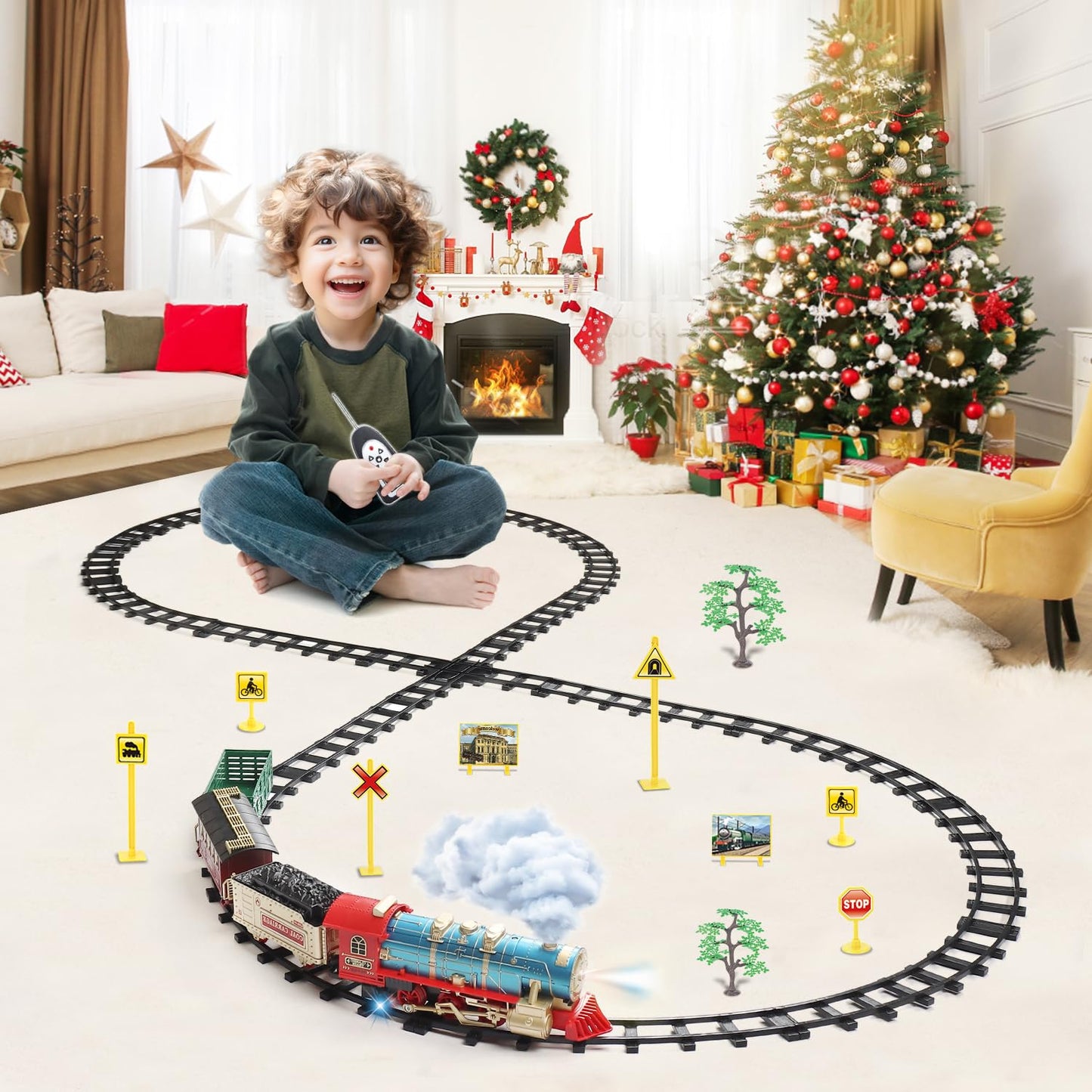 JQ JUQU Remote Control Train Set for Kids 3-8 | 17-Track Indoor Train with Steam, Lights & Sounds